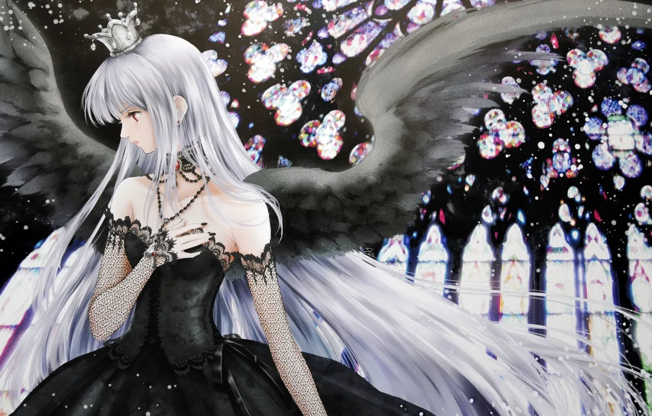 Photo wallpaper black, dress, wings, cross, crown, angel