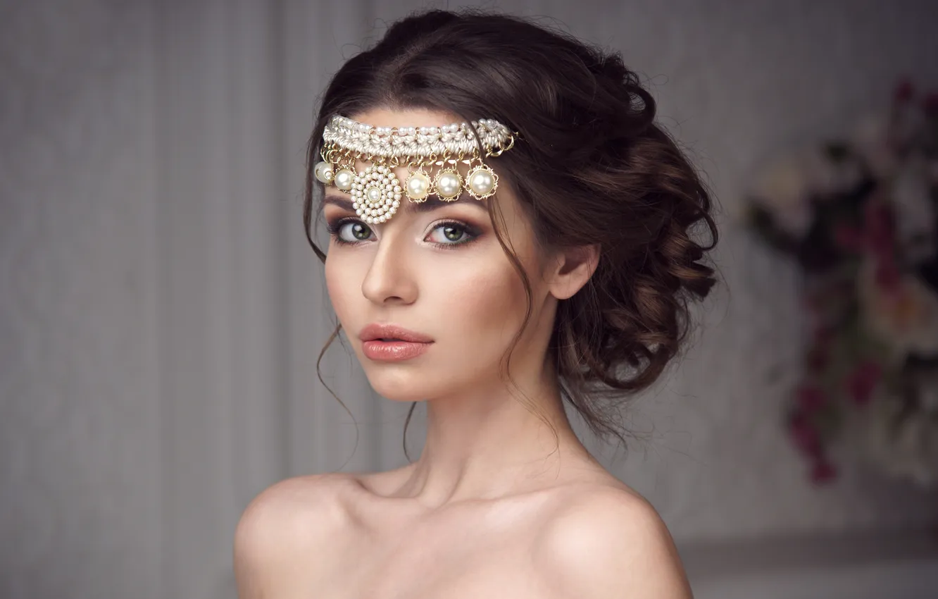 Photo wallpaper look, girl, decoration, makeup, hairstyle, green eyes