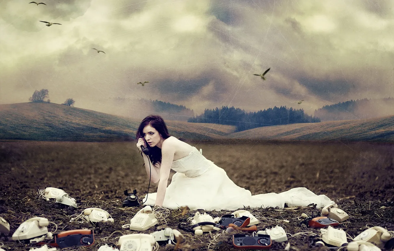 Photo wallpaper field, girl, phone