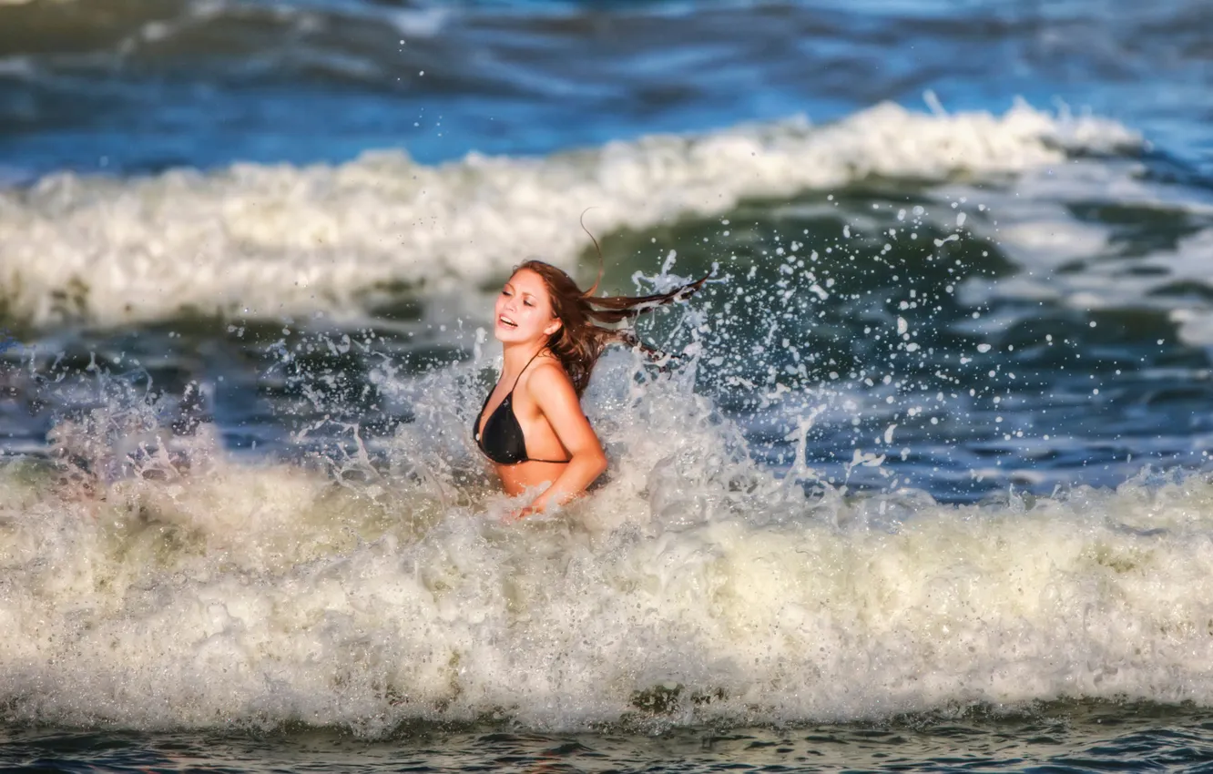Photo wallpaper sea, wave, swimsuit, girl, the ocean, black