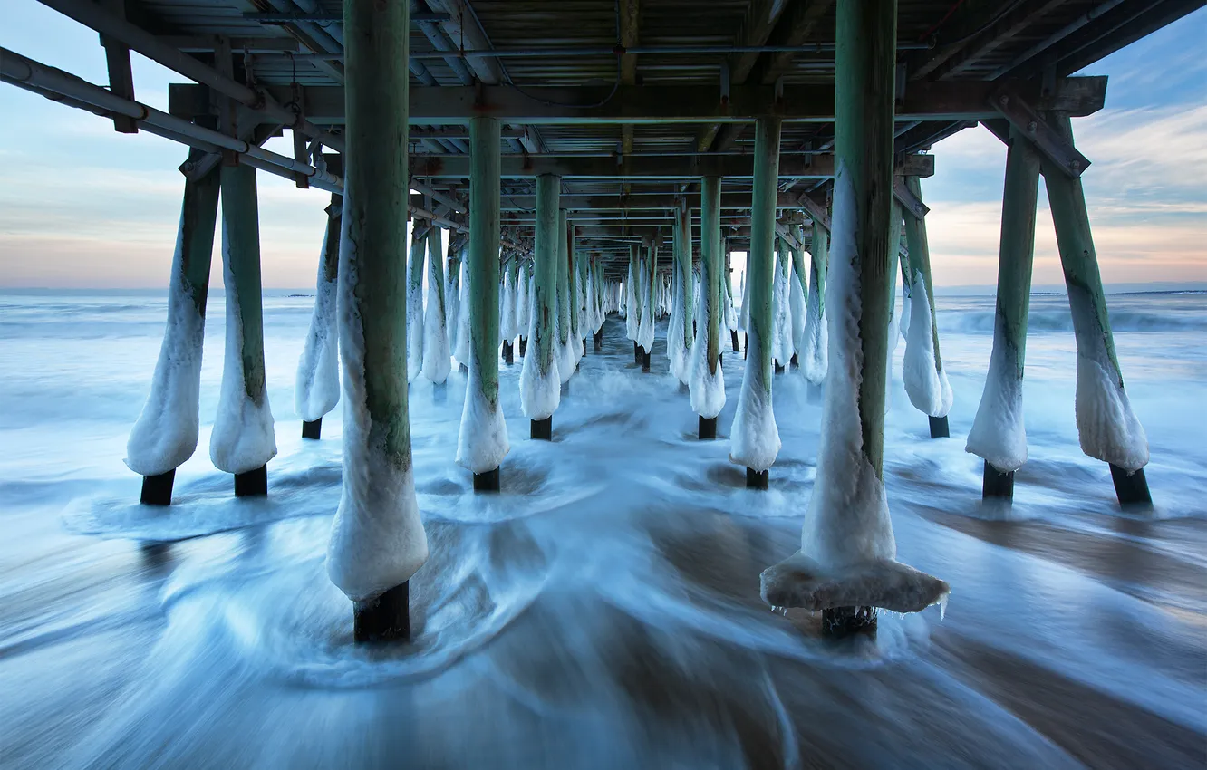 Photo wallpaper winter, sea, landscape, bridge, ice