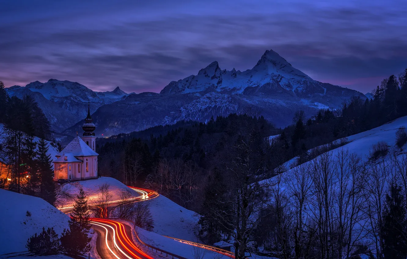 Photo wallpaper winter, road, trees, landscape, sunset, mountains, night, nature