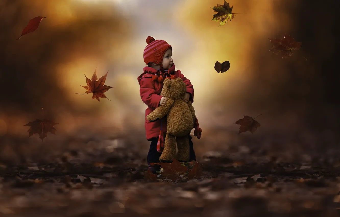 Photo wallpaper autumn, leaves, nature, toy, bear, girl