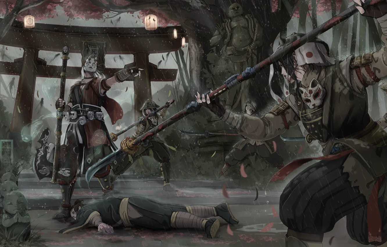 Photo wallpaper Asia, armor, Japan, warrior, Japan, rain, armor, sakura