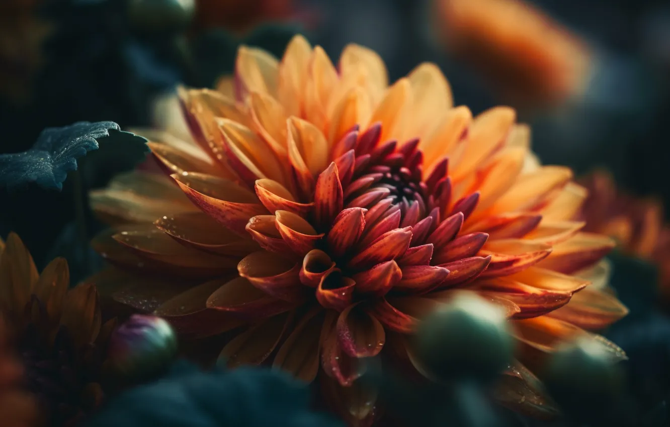 Photo wallpaper macro, light, flowers, orange, bokeh, composition, dahlias, digital art