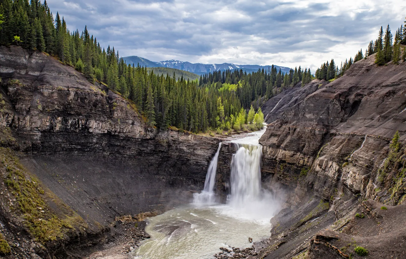 Photo wallpaper forest, the sky, clouds, mountains, rocks, shore, view, waterfall