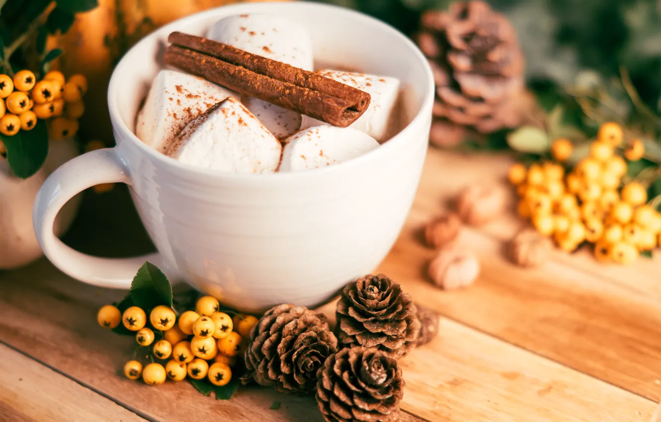 Photo wallpaper mug, hawthorn, dessert, drink, berries, pumpkin, cocoa, fruit