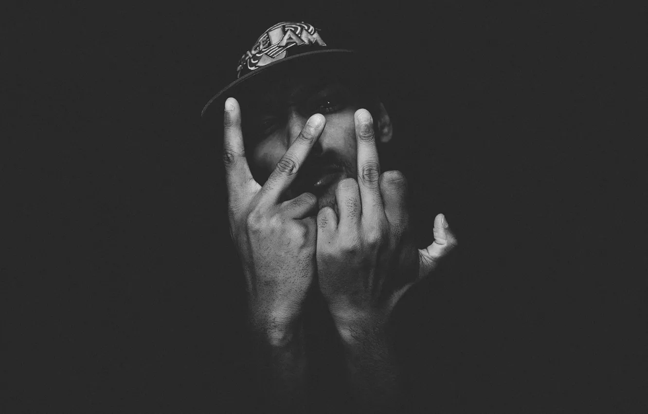 Photo wallpaper eyes, darkness, hat, hands, male