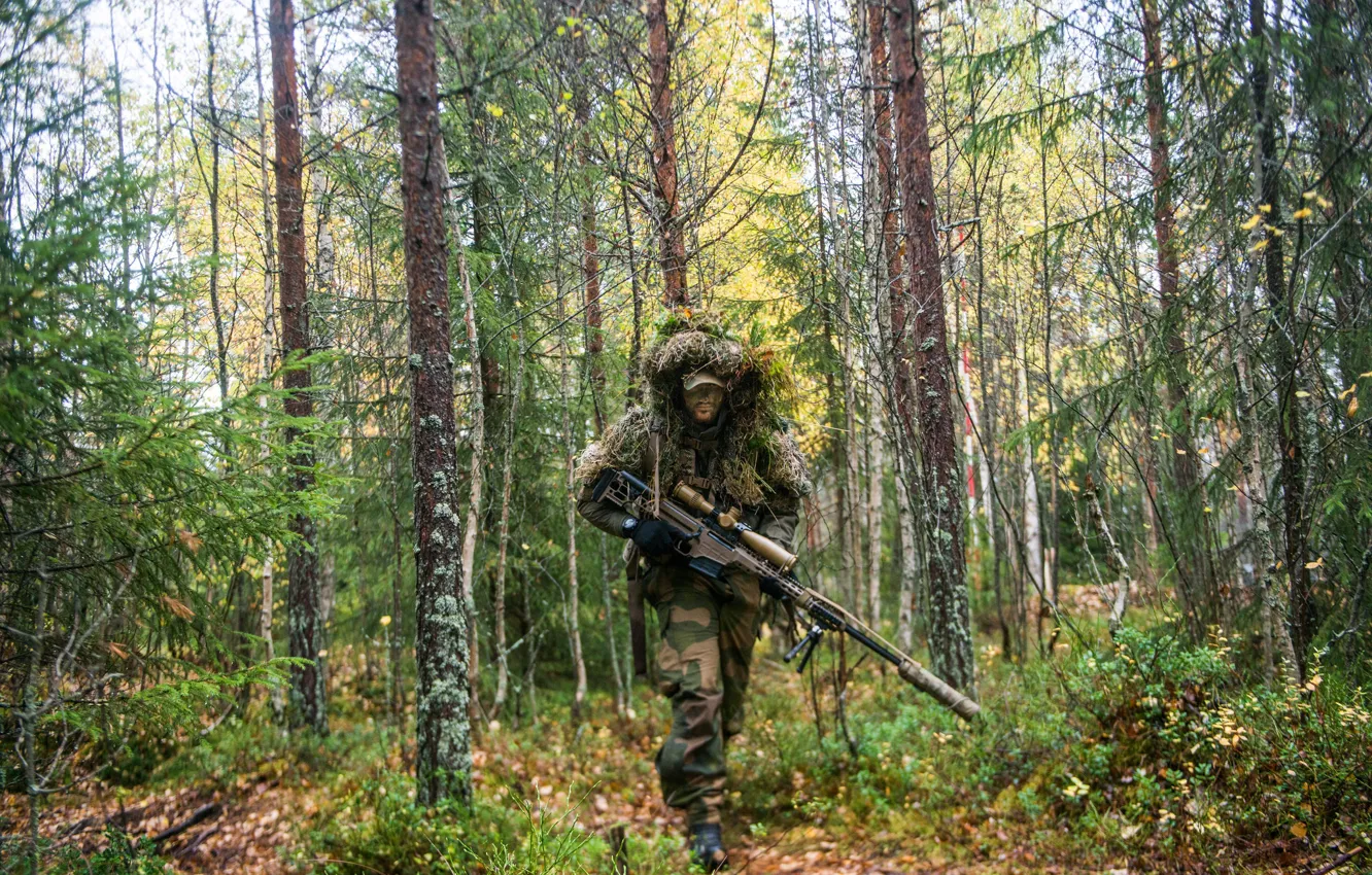 Photo wallpaper forest, sniper, rifle