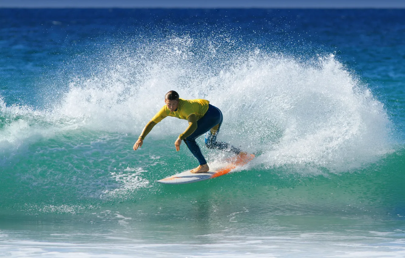 Photo wallpaper sea, squirt, wave, surfer, sea, splash, wave, surfer