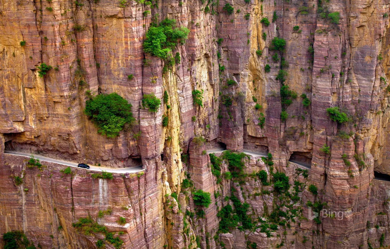 Photo wallpaper mountains, rocks, car, tunnel Guoliang, China