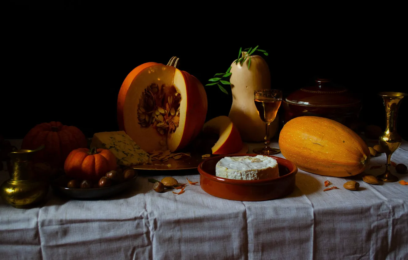 Photo wallpaper table, wine, glass, matter, cheese, dishes, pumpkin, pot