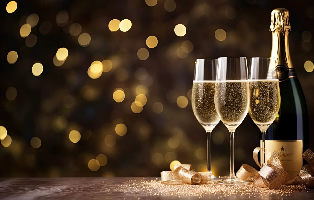 Photo wallpaper decoration, gold, balls, New Year, glasses, golden, new year, champagne