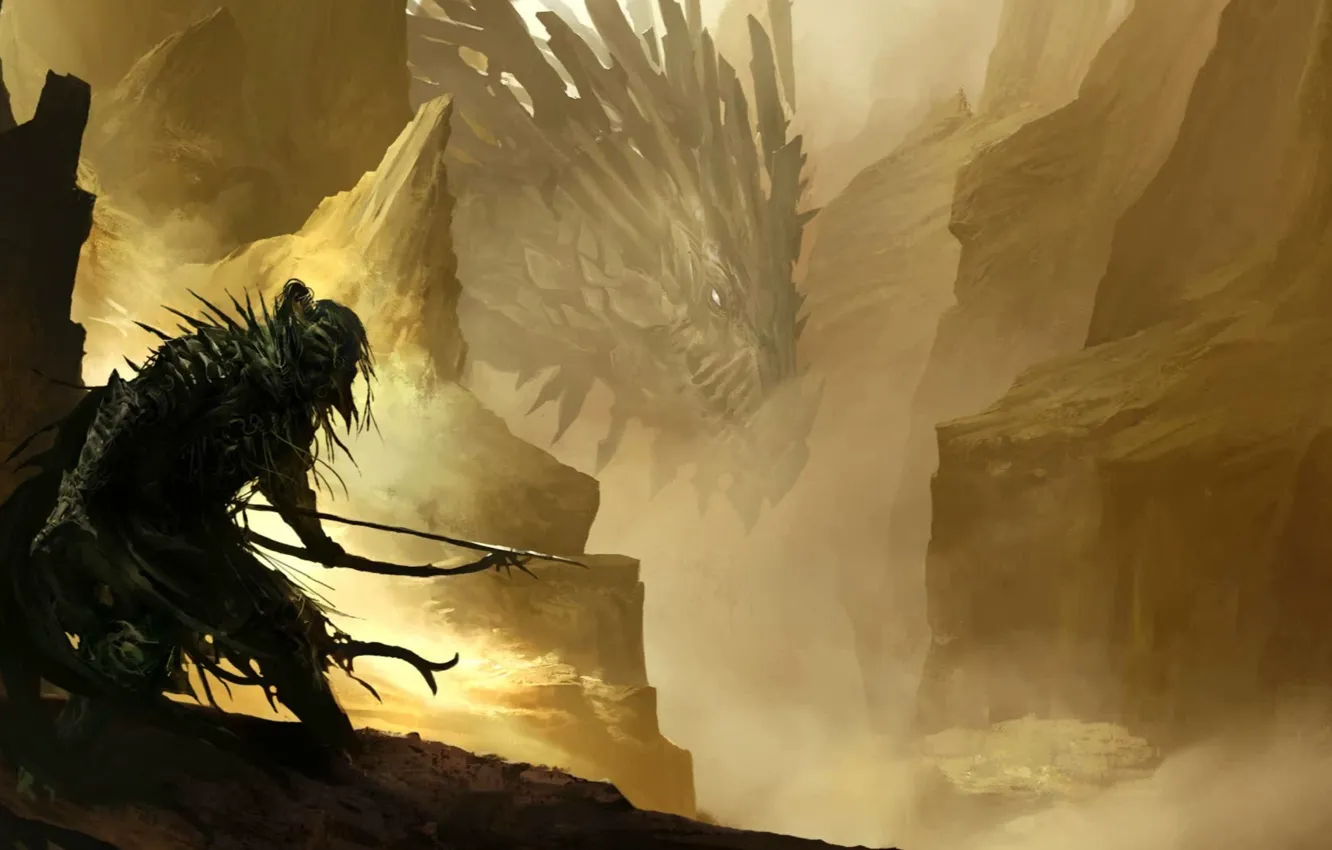 Photo wallpaper mountains, dragon, warrior, bow, gorge, arrows, Archer, sneaks