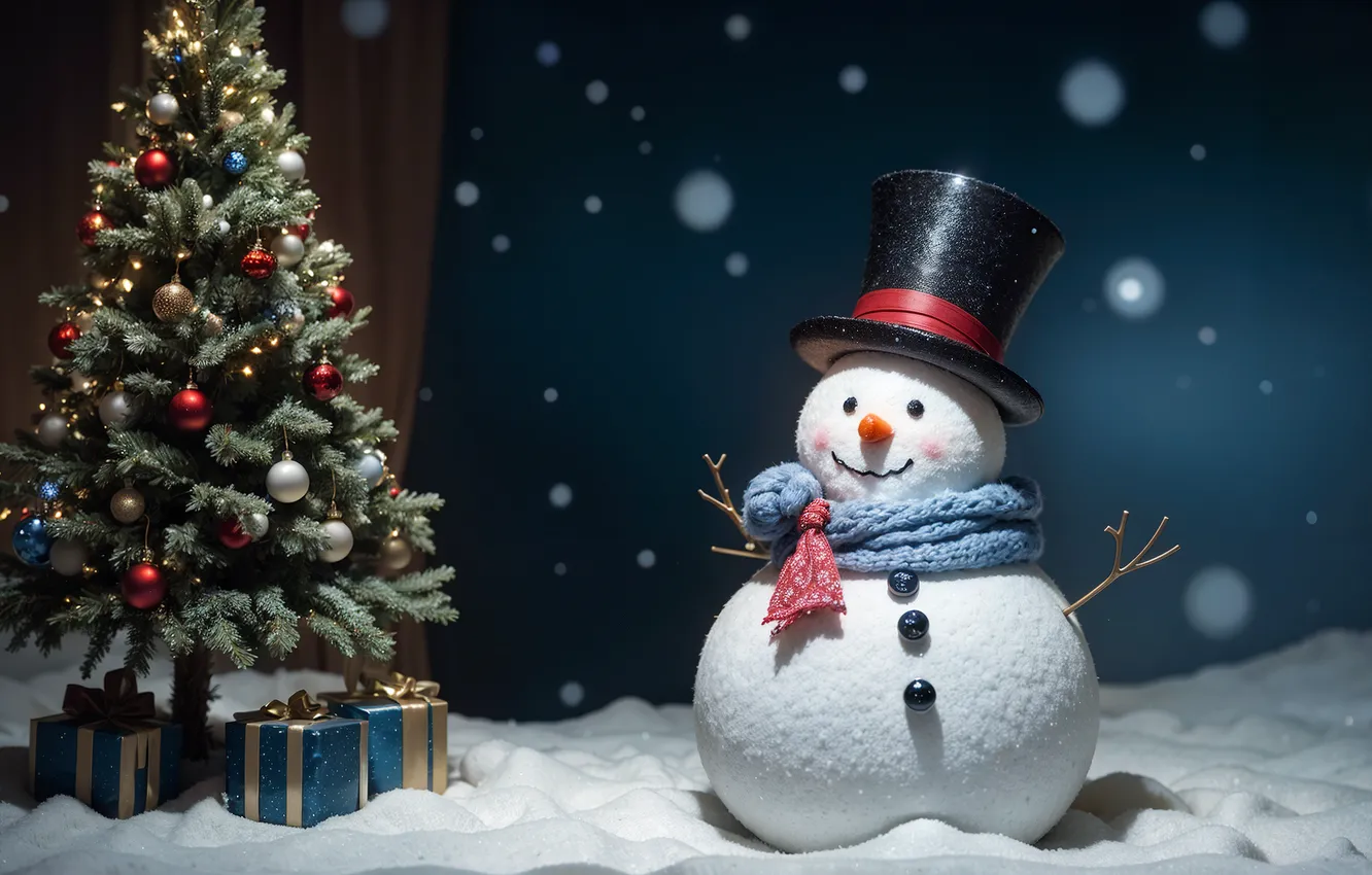 Photo wallpaper snow, gift, toy, tree, snowman, Vovaldi