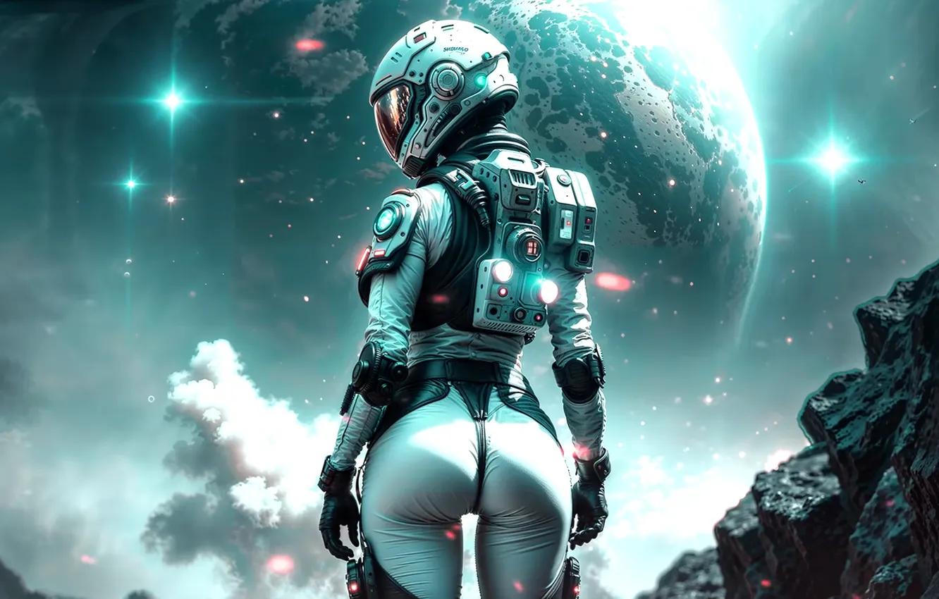 Photo wallpaper space, ass, science fiction, women, planet, astronaut, spacesuit, AI art