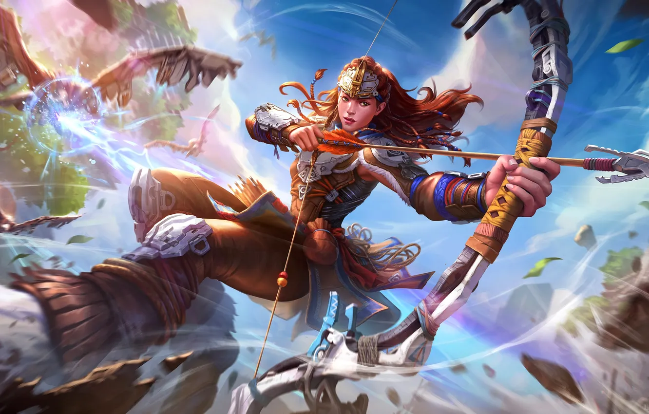 Photo wallpaper girl, fantasy, green eyes, redhead, battle, digital art, bow, artwork