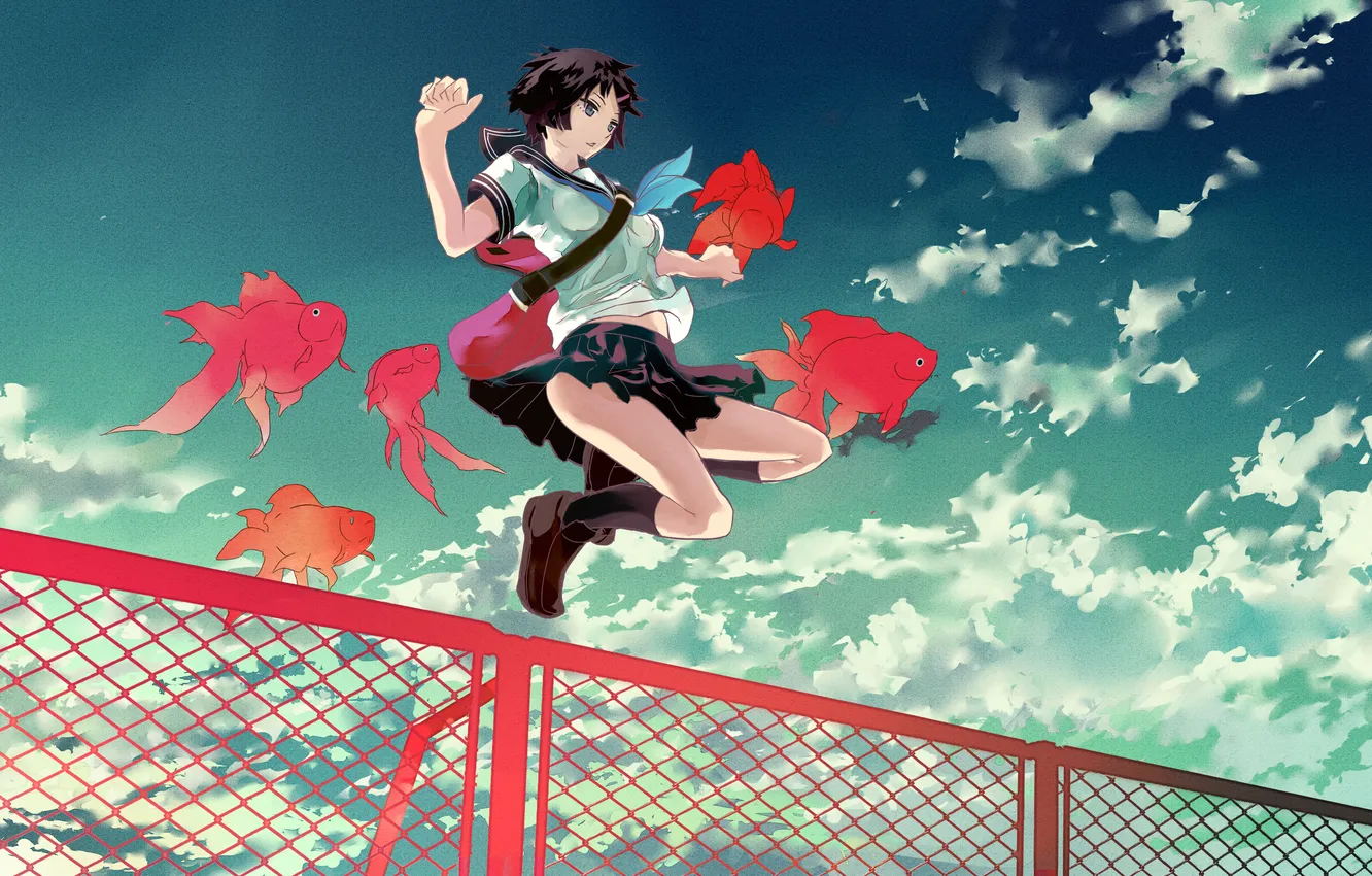 Photo wallpaper the sky, girl, clouds, fish, anime, gate, art, form