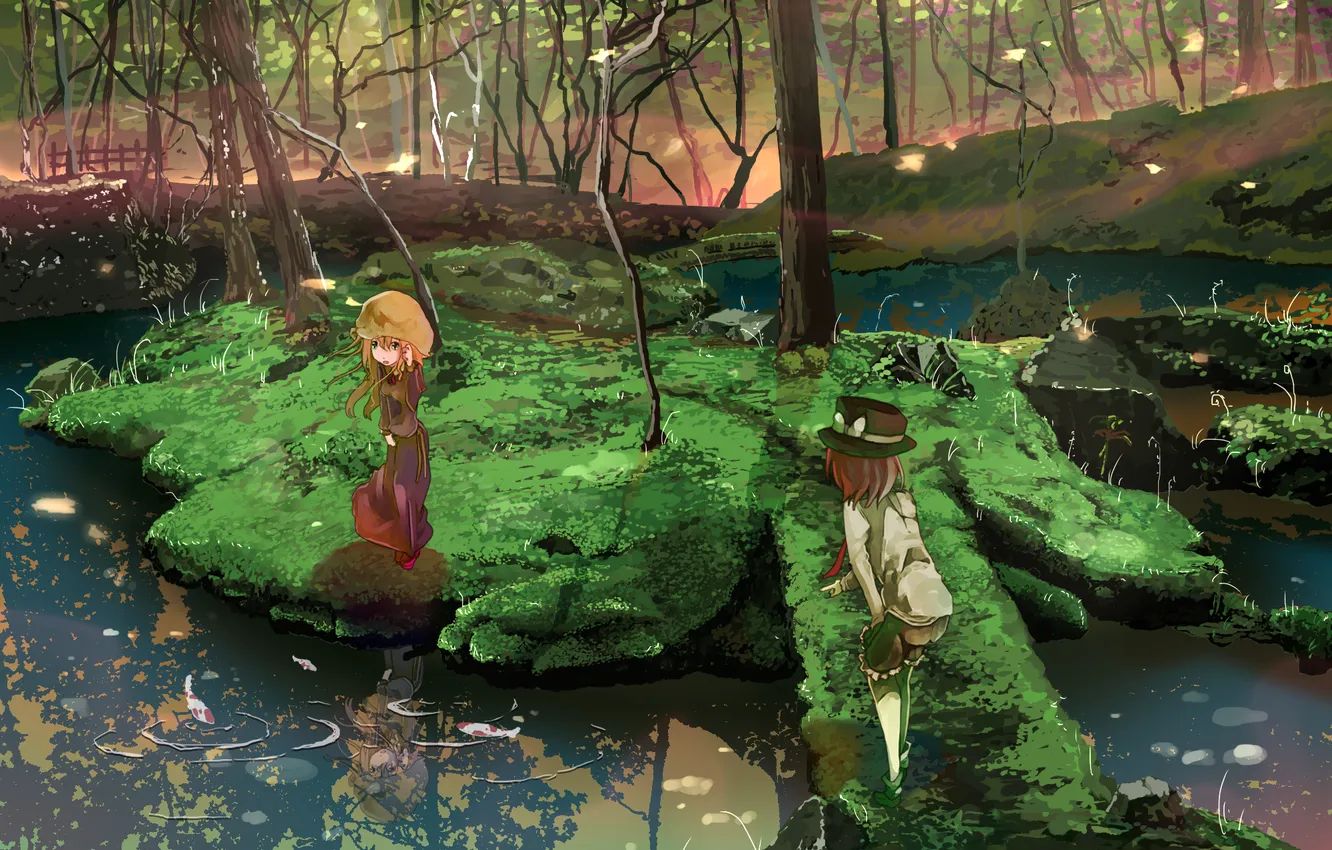 Photo wallpaper forest, grass, water, girl, trees, landscape, nature, river