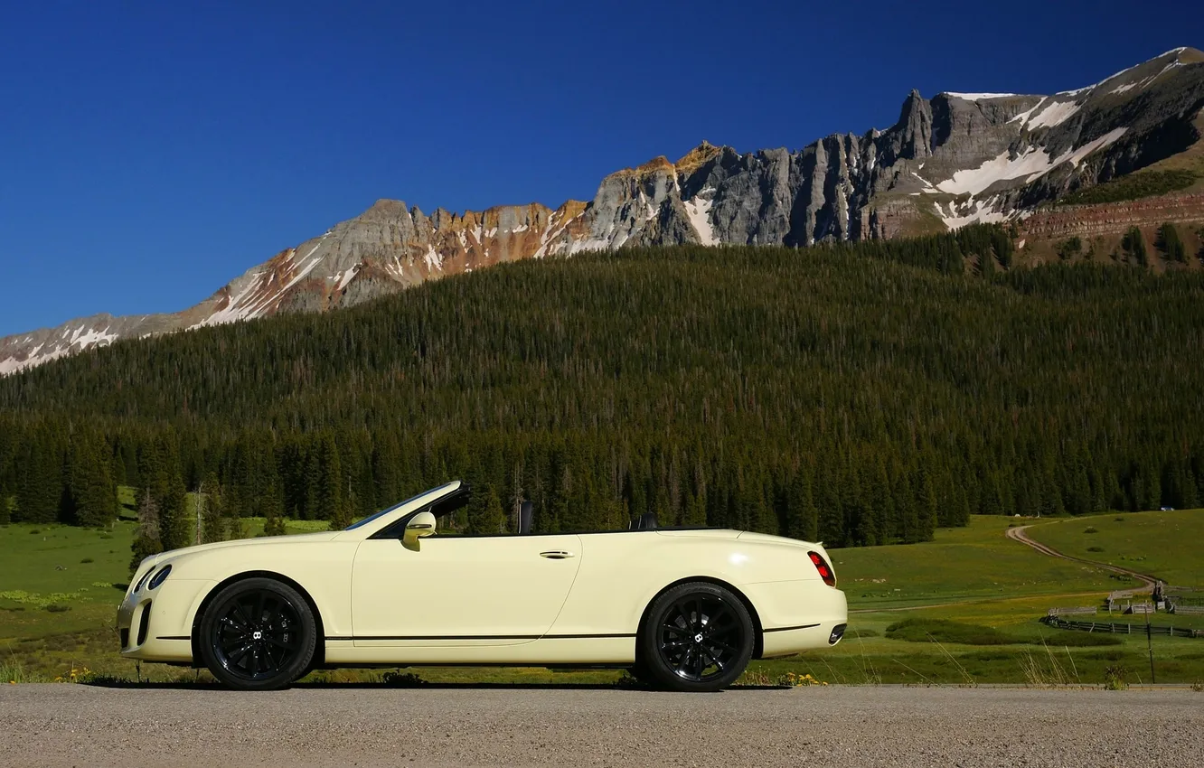 Photo wallpaper Auto, Bentley, Continental, Mountains, Forest, Convertible, Cream, Side view
