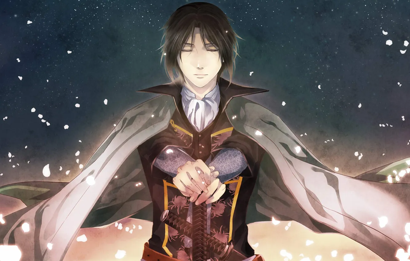 Photo wallpaper stars, night, the wind, sword, katana, petals, samurai, male