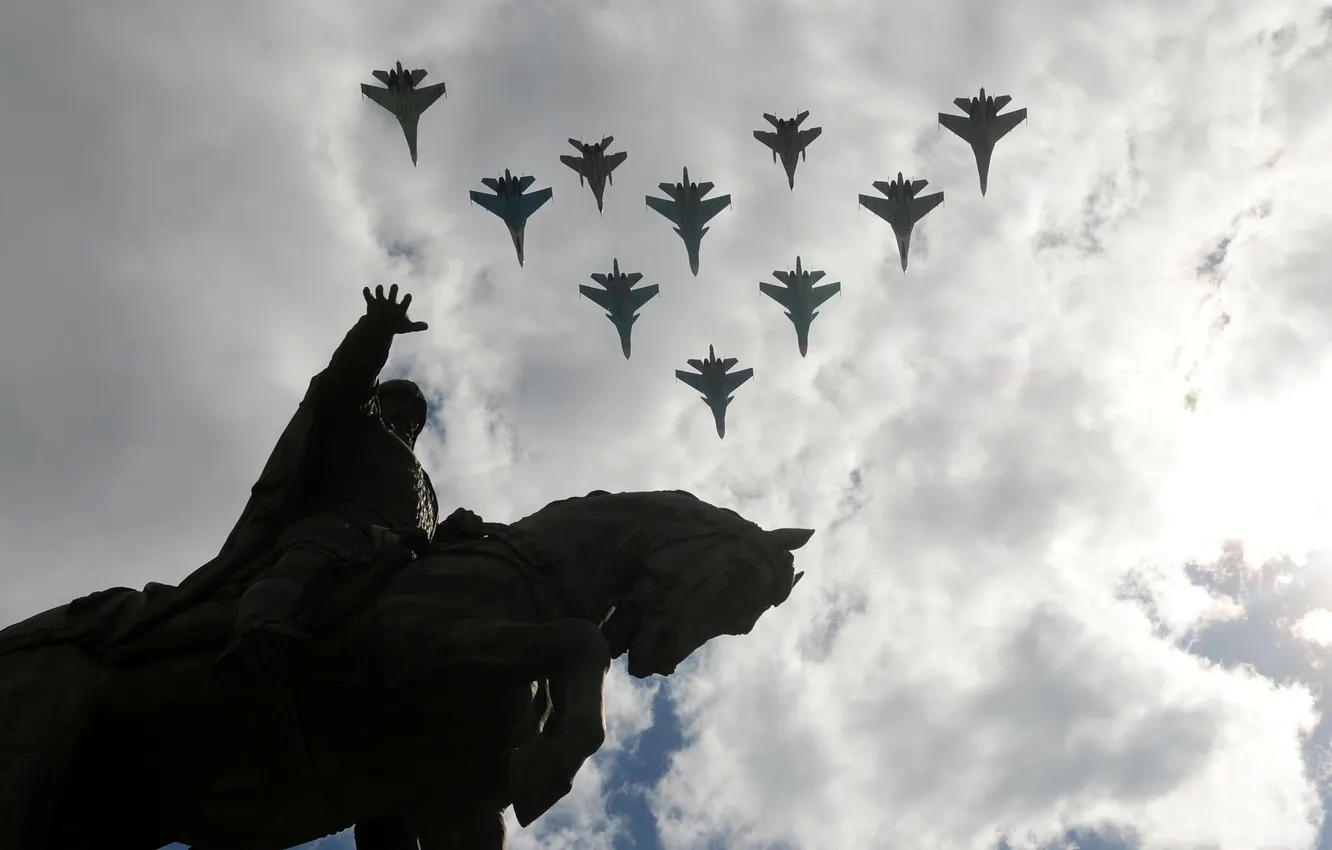 Photo wallpaper the sky, flight, fighter, monument
