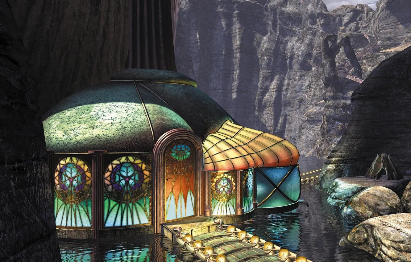 Photo wallpaper water, bridge, house, rocks, stained glass, myst 3, exile