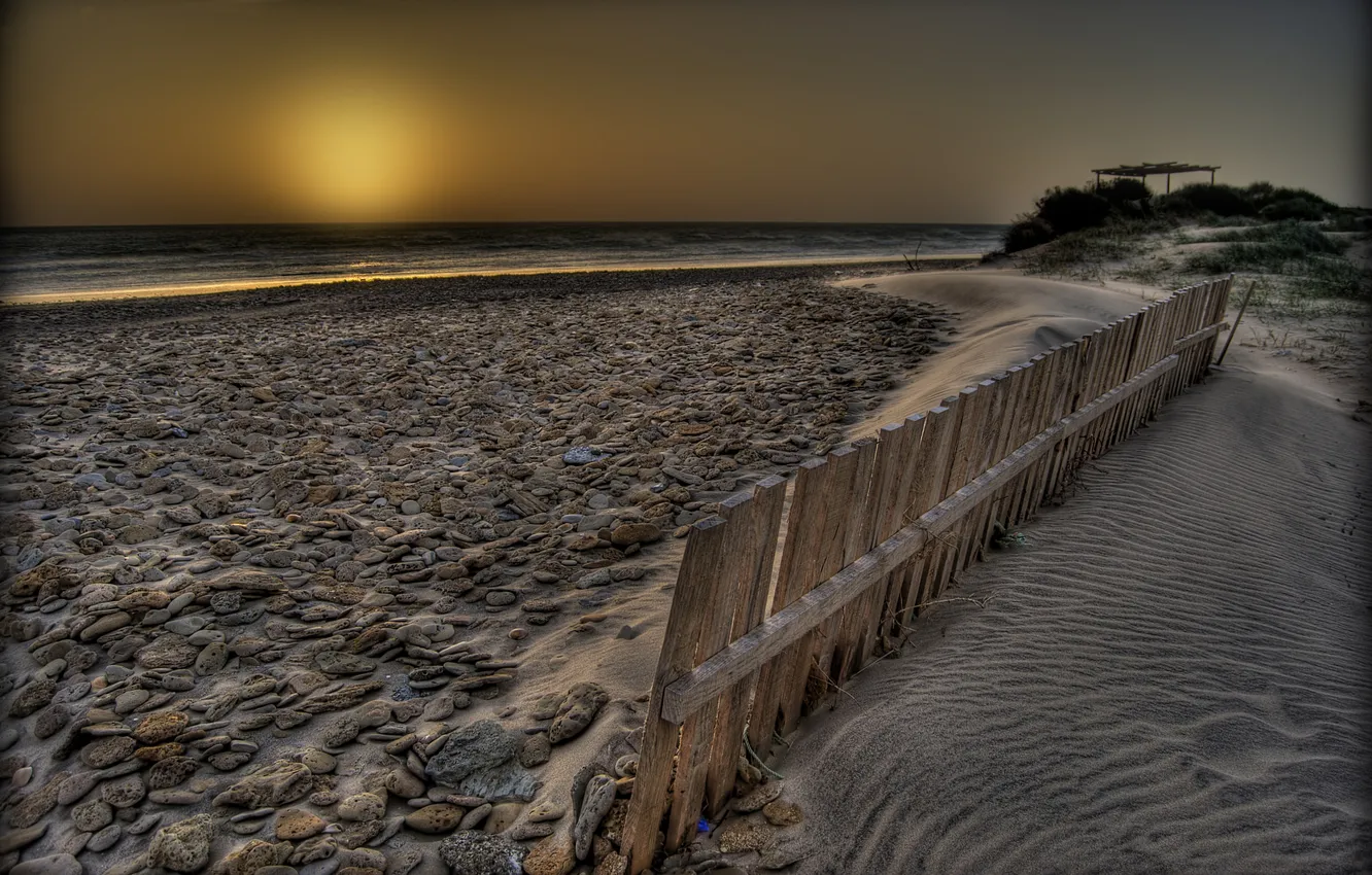 Photo wallpaper sea, beach, landscape, night, the fence