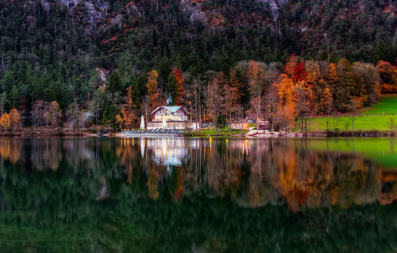Photo wallpaper autumn, reflection, Bayern, the lake house