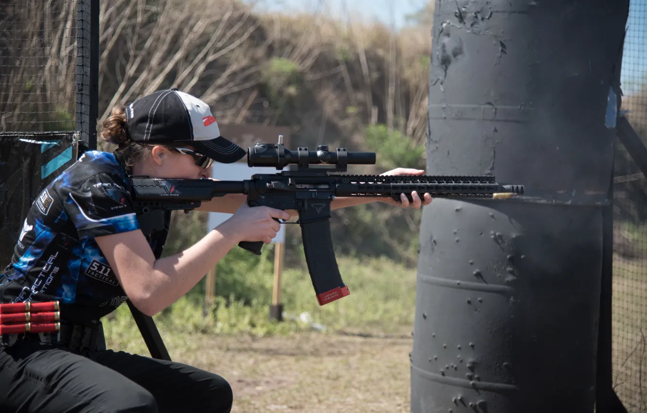 Photo wallpaper gun, woman, precision, speed, Competition, telescopic sight