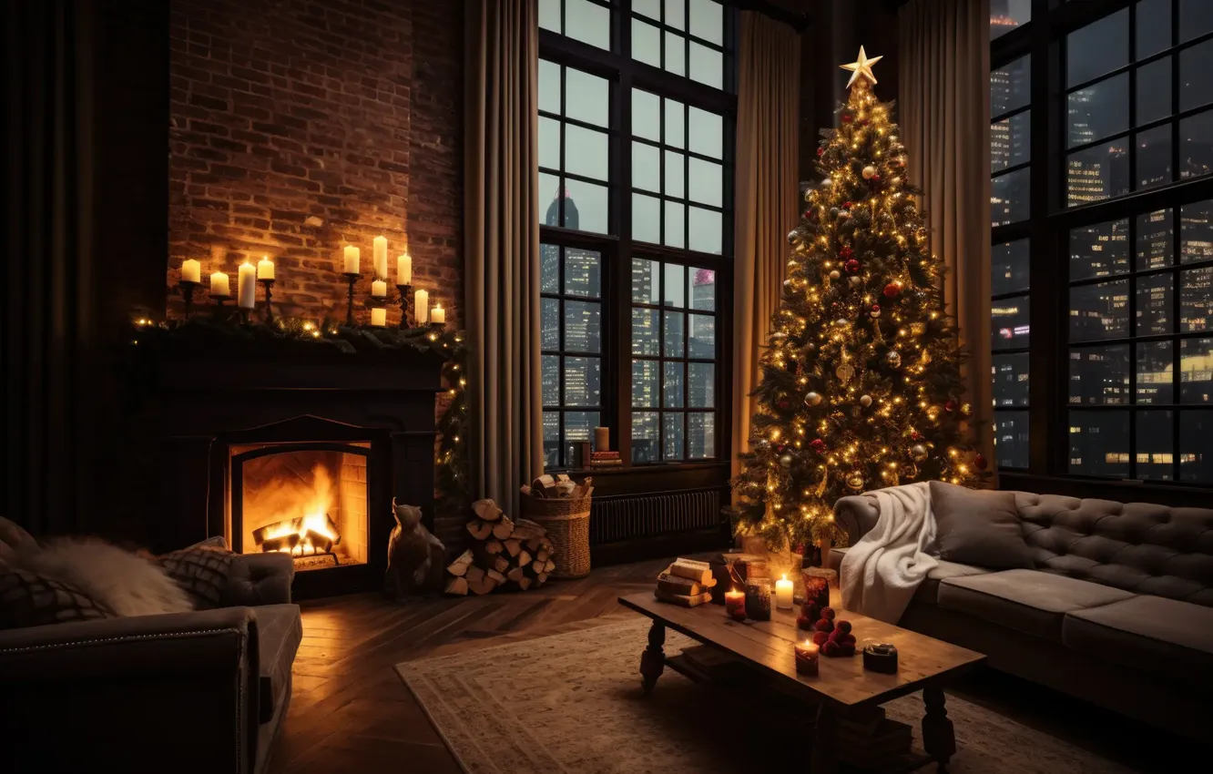 Photo wallpaper decoration, heat, new year, interior, candles, fireplace, garland, light bulb