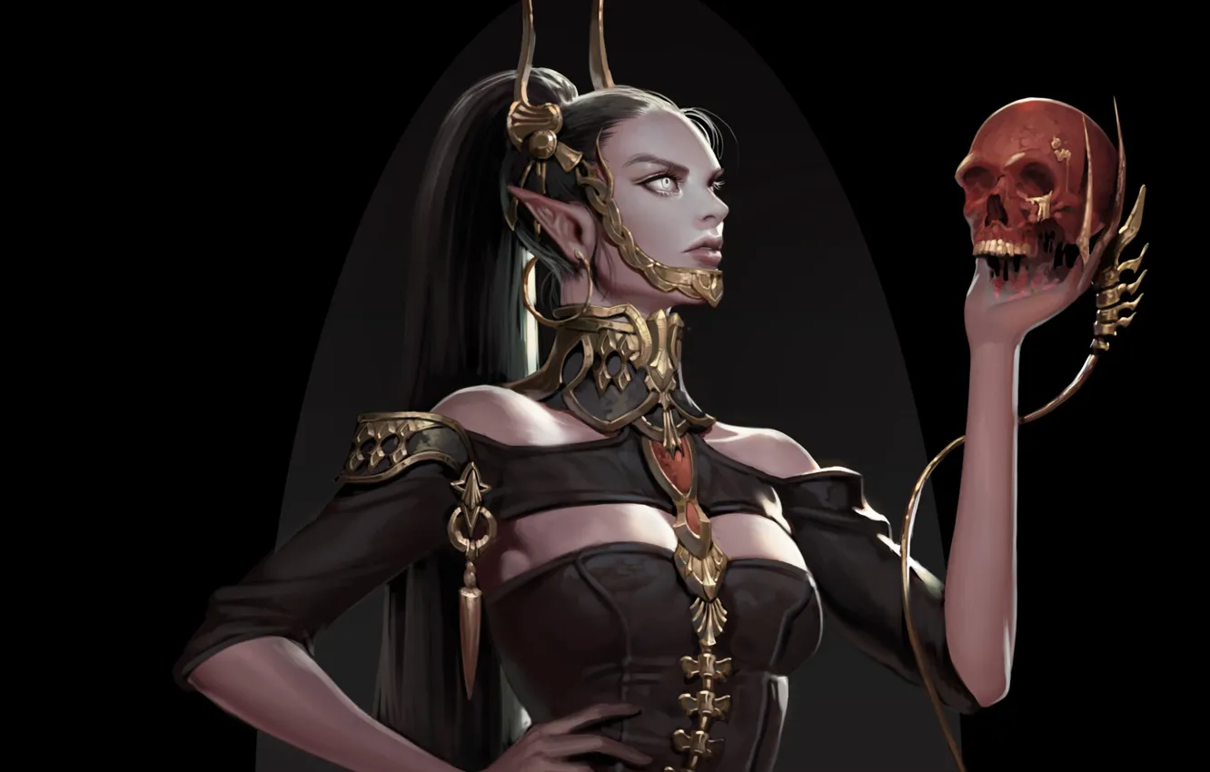 Photo wallpaper look, girl, skull, hands, fantasy, art, tail, profile
