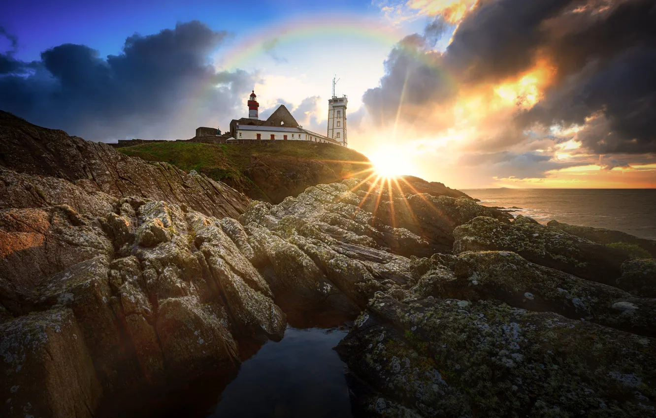 Photo wallpaper sea, the sun, rays, landscape, nature, rocks, France, lighthouse