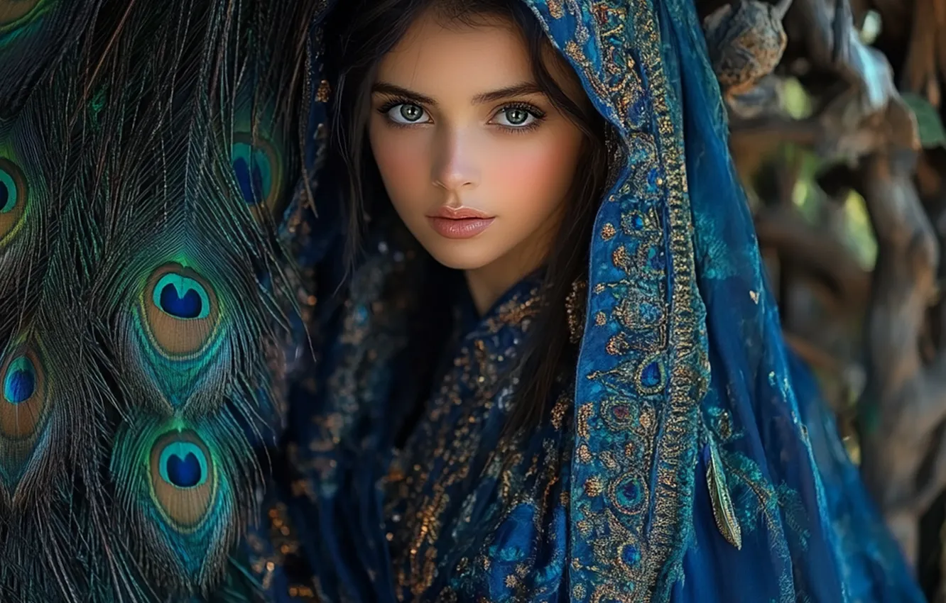 Photo wallpaper look, girl, Cape, the veil, peacock feathers, AI art, peacock's tail, neural network