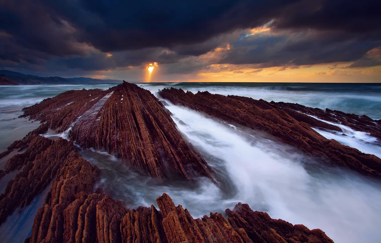 Photo wallpaper sea, the sky, water, light, clouds, rocks, stream, excerpt