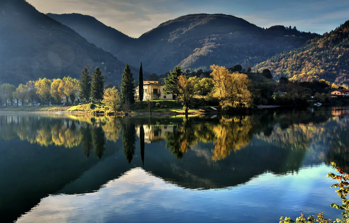 Photo wallpaper trees, landscape, mountains, nature, lake, house, reflection, Italy