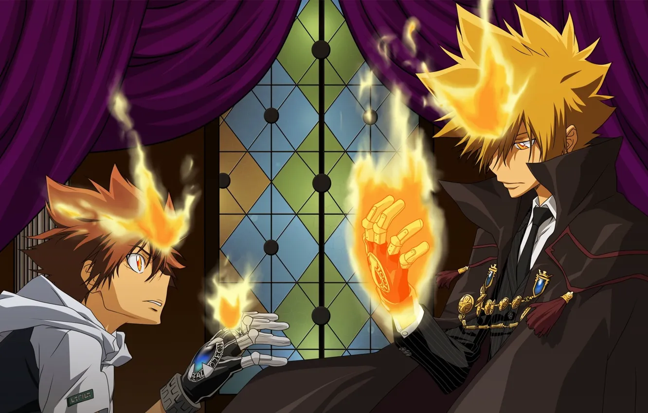 Photo wallpaper Hitman, fire, flame, game, anime, mafia, asian, Sawada Tsunayoshi