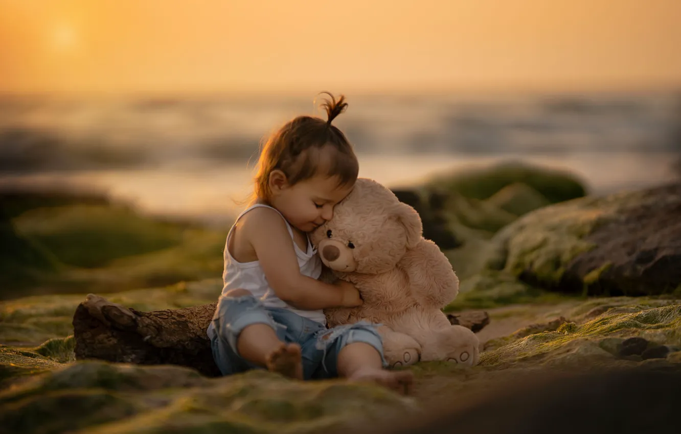 Photo wallpaper sunset, stones, tenderness, toy, bear, baby, child, Keren Genish