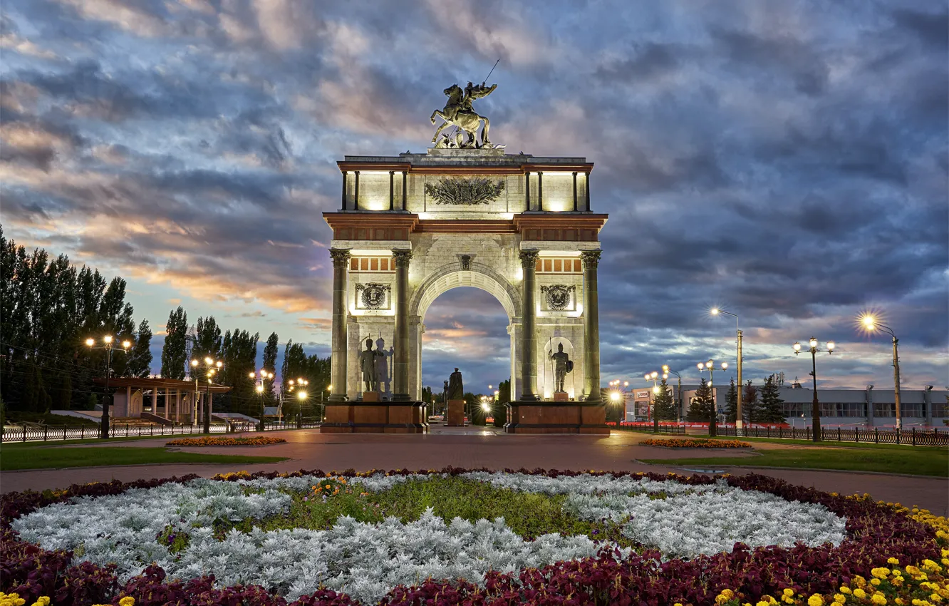 Photo wallpaper the city, the evening, lighting, lights, flowerbed, arch, Kursk