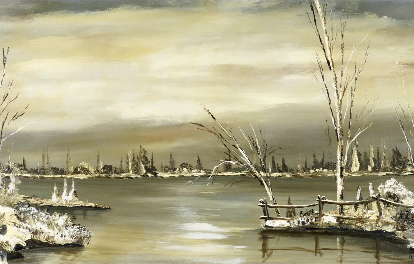 Photo wallpaper winter, trees, landscape, river, oil, canvas, Ovchinnikov Vladimir Ivanovich