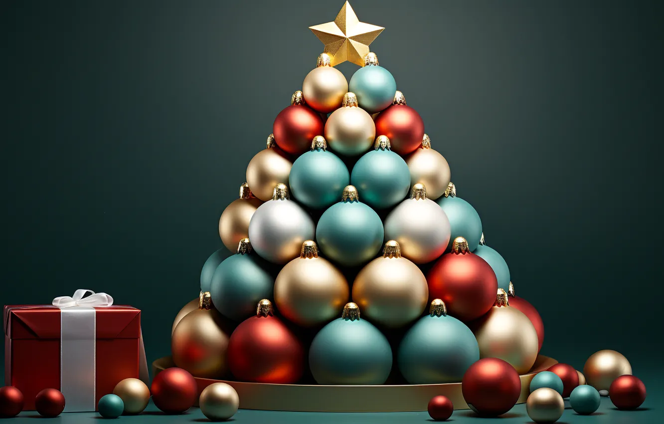 Photo wallpaper balls, red, new year, Christmas, the scenery, herringbone, blue background, Christmas decorations