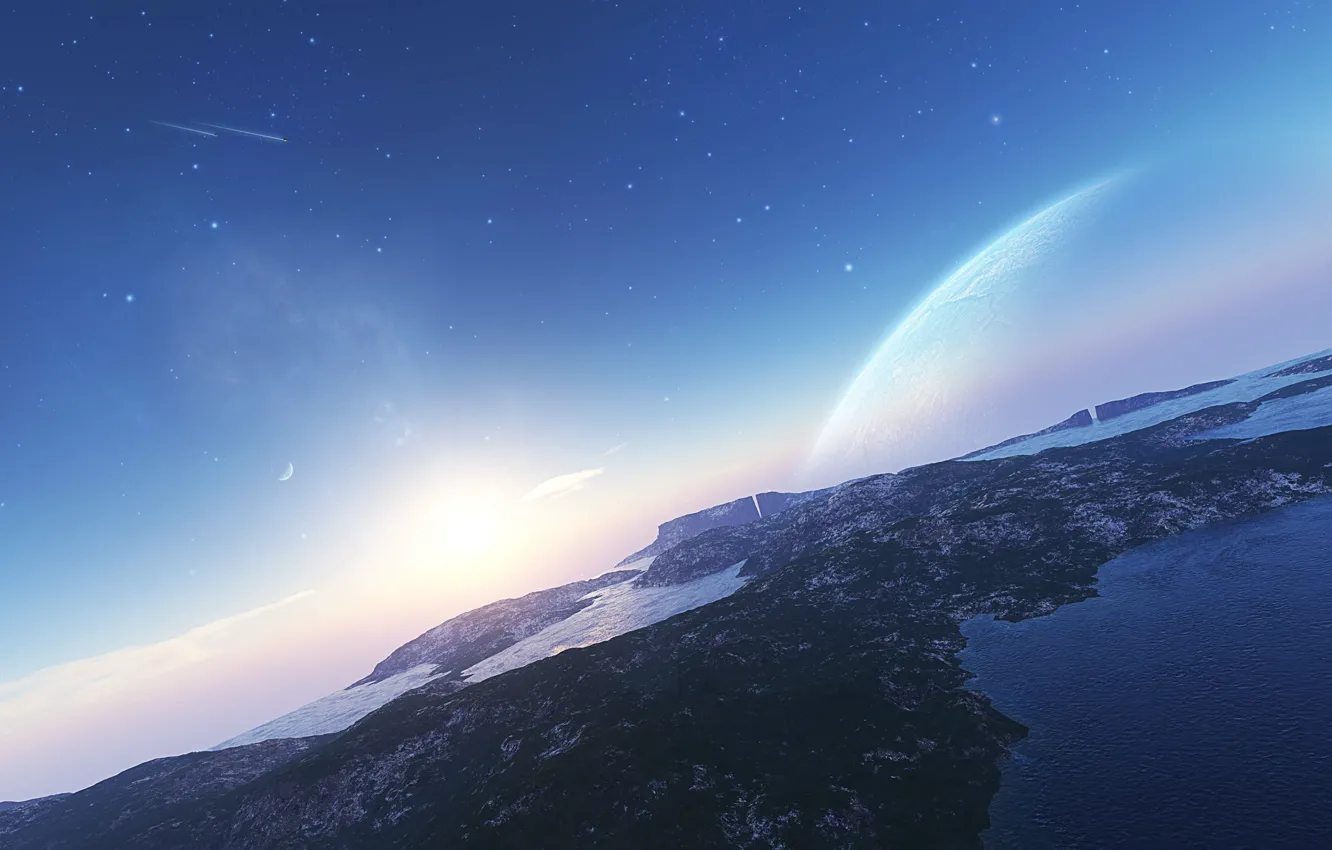 Photo wallpaper the sky, water, mountains, star, Planet, comet