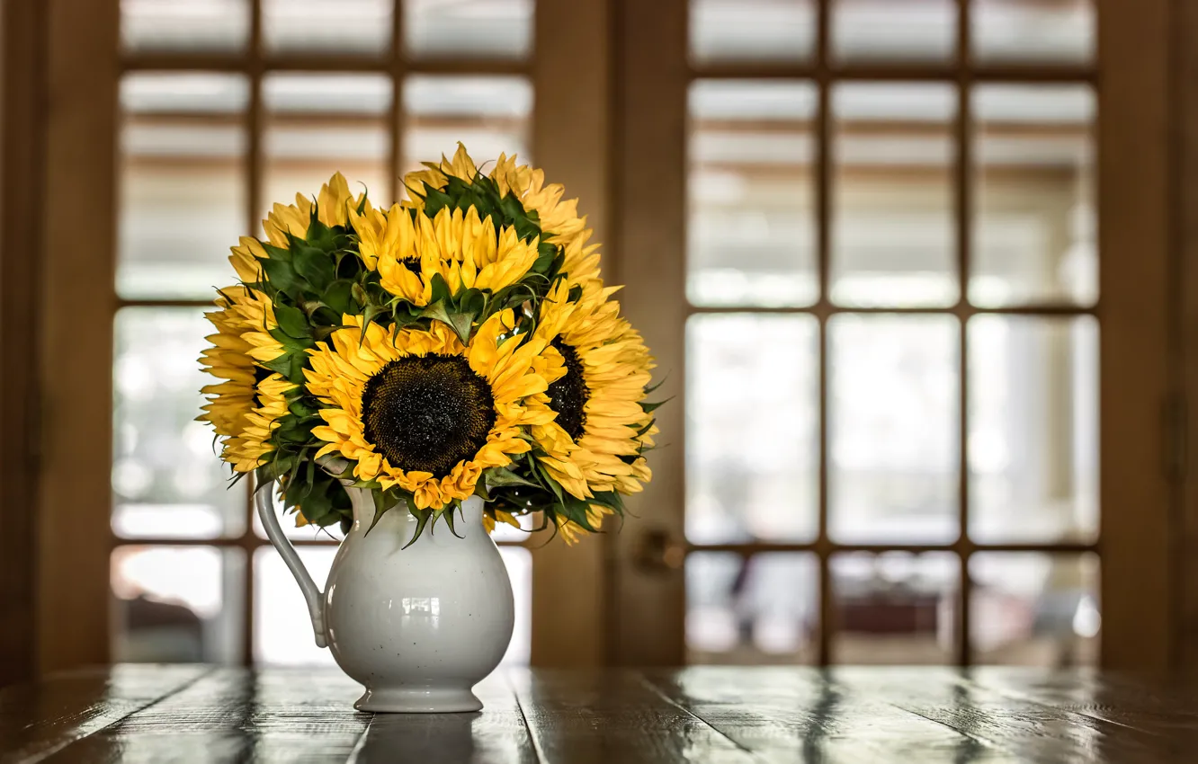 Photo wallpaper sunflowers, bouquet, pitcher