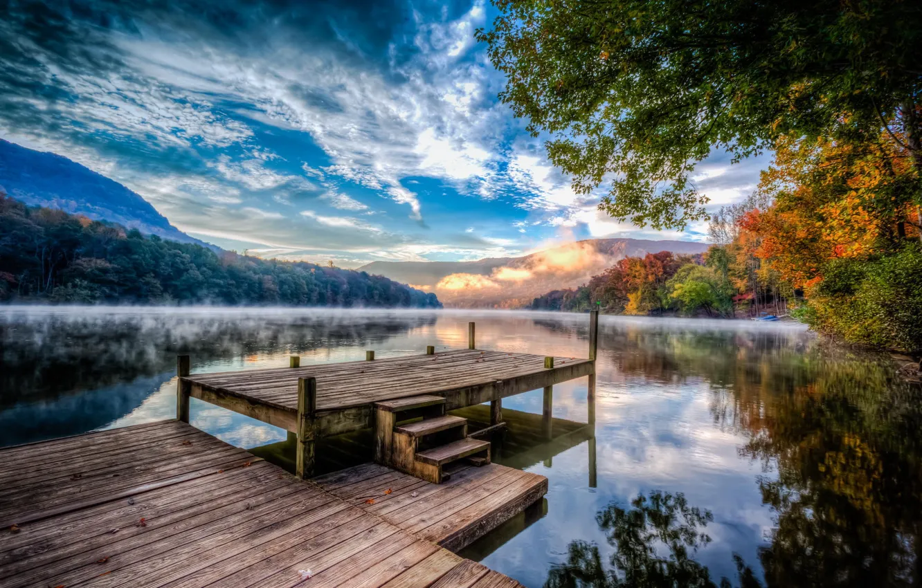 Photo wallpaper autumn, forest, clouds, trees, nature, fog, river, pier
