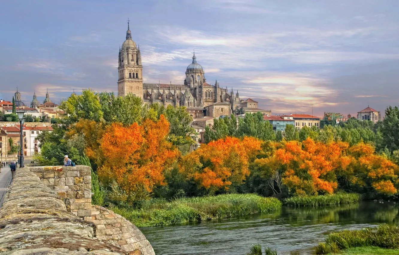 Photo wallpaper autumn, trees, bridge, river, Cathedral, Spain, the parapet, Spain