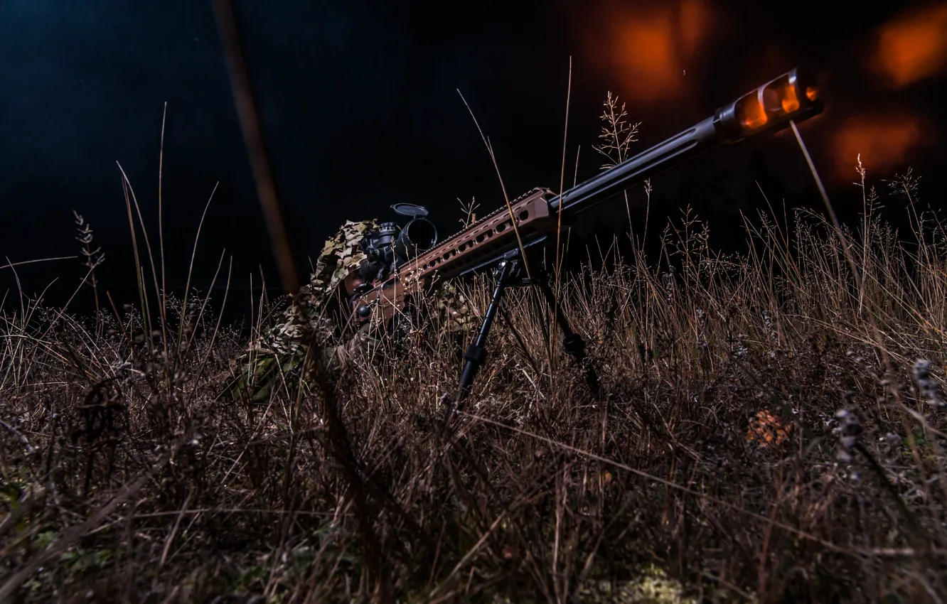 Photo wallpaper grass, fire, shot, optics, disguise, sniper, rifle