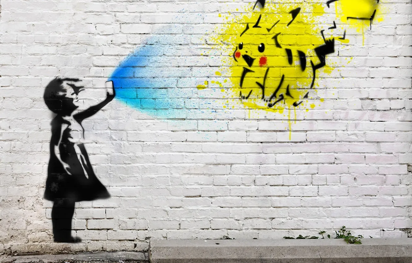 Photo wallpaper city, the city, Pikachu, Pikachu, street art, street art, street art, graffiti on the wall