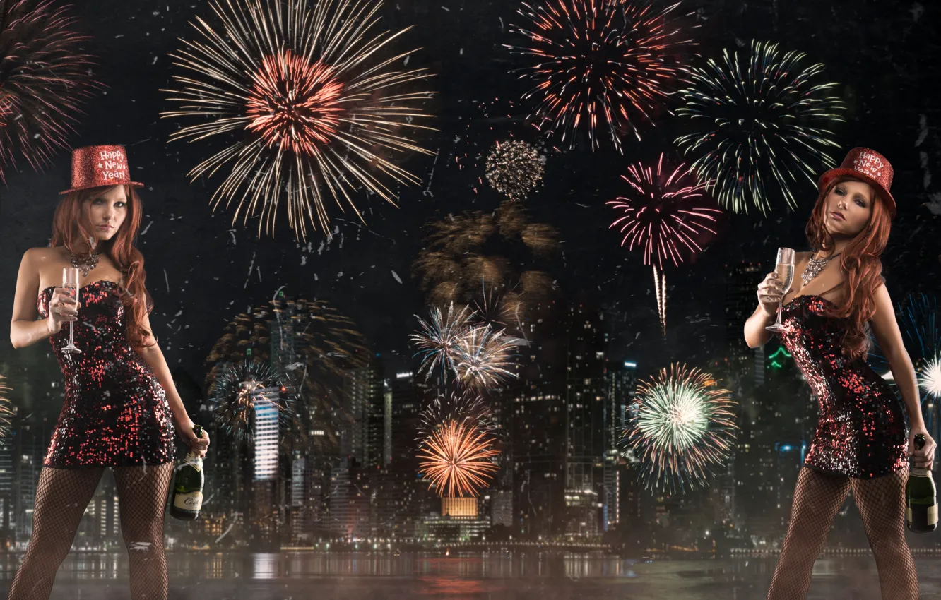 Photo wallpaper bottle, new year, fireworks, champagne, night city, Tancy Marie