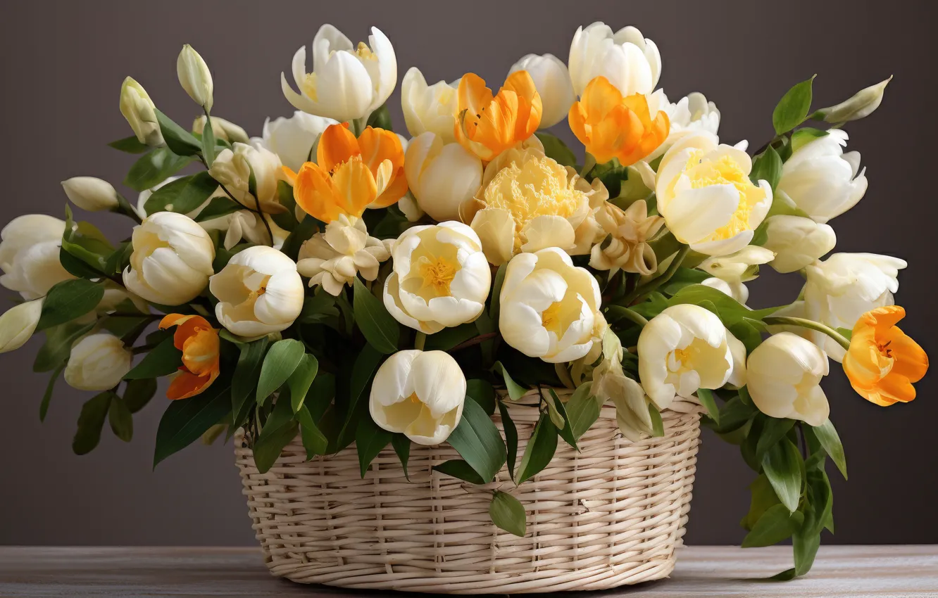 Photo wallpaper leaves, flowers, bouquet, spring, tulips, white, grey background, orange