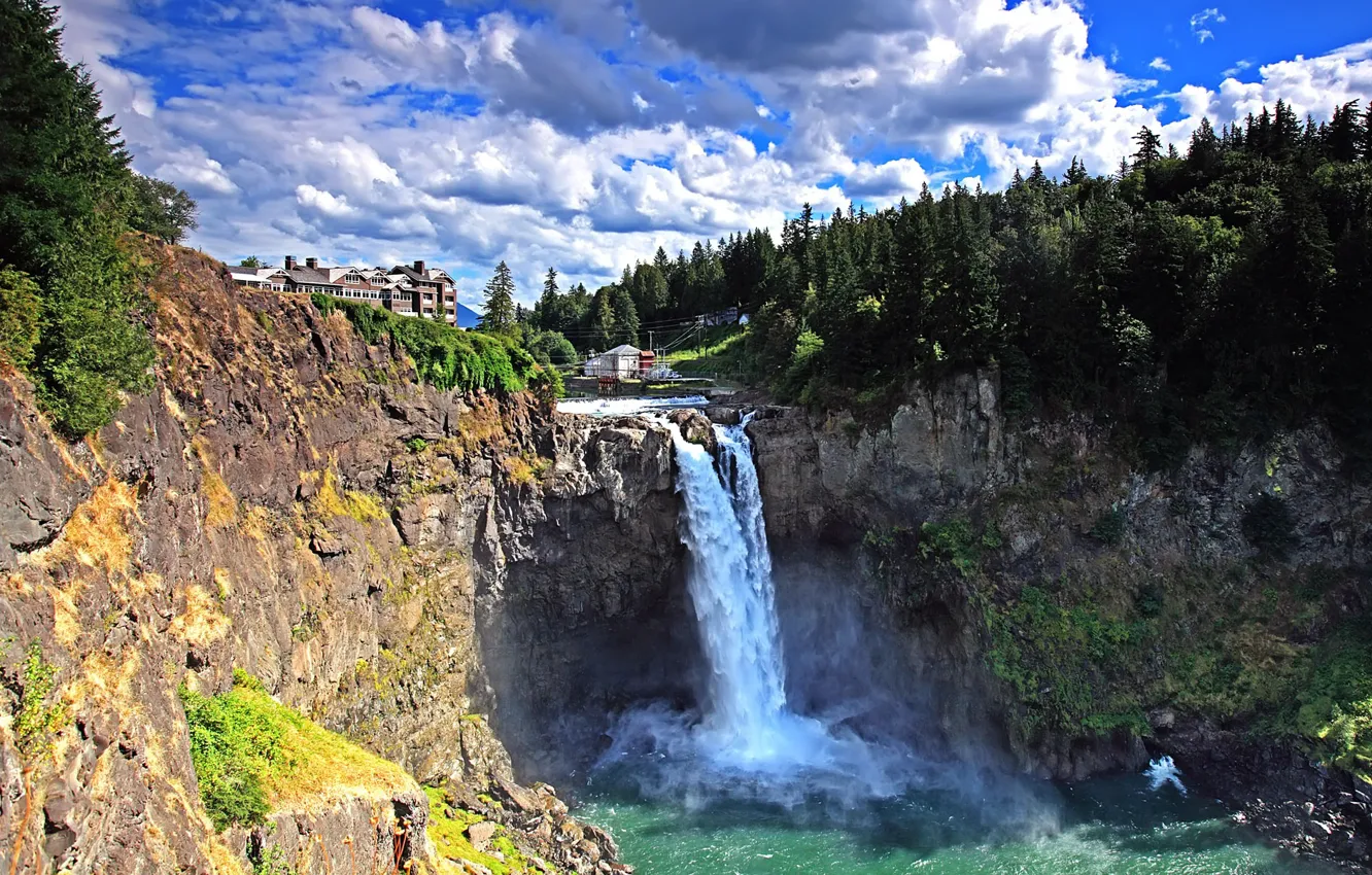 Photo wallpaper forest, rocks, waterfall